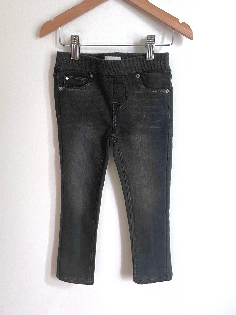 Hudson Jeans Like New Black Denim Pull-On Jeans, Ribbed Waist, Whiskers & Fades